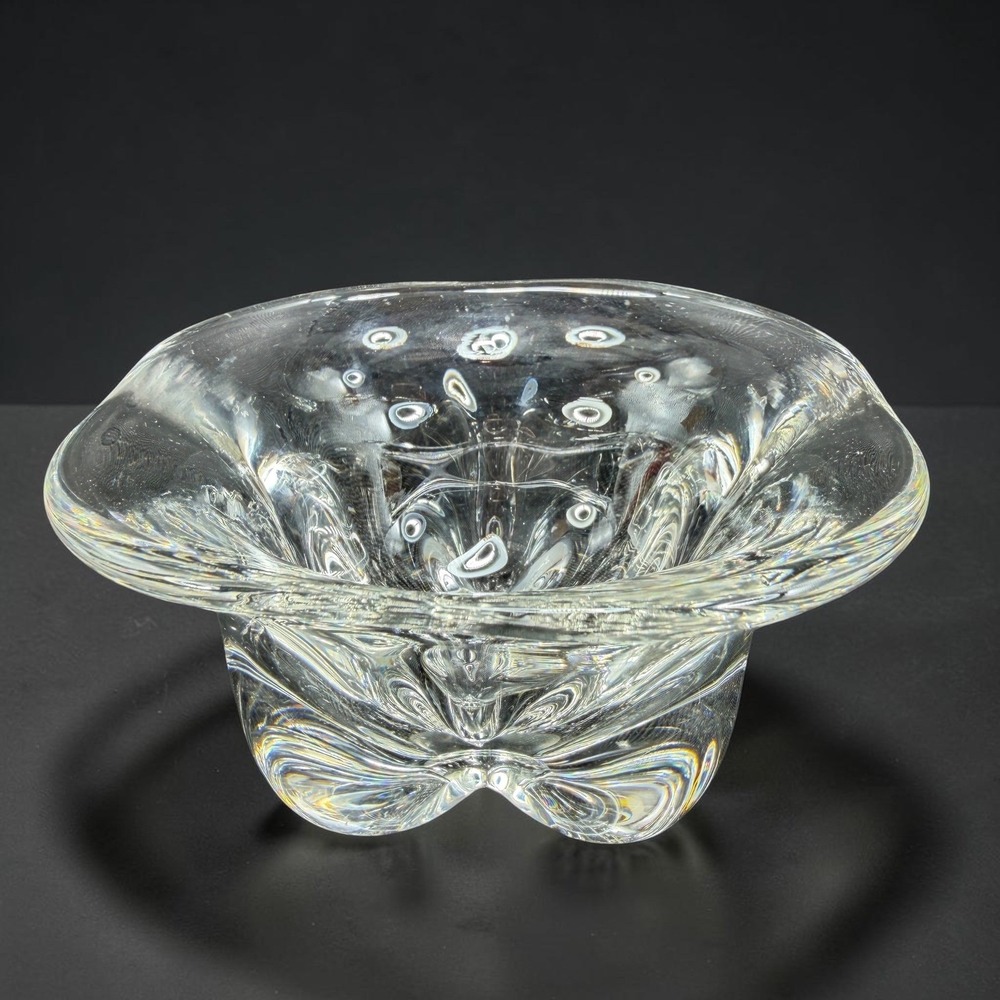 Orrefors Edward Hald Pinched Clear Crystal Bowl Swedish Art Glass MCM 5in